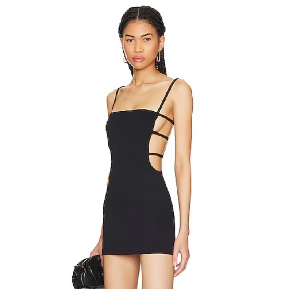 Devon Windsor Halo Cutout Dress in Black Crinkle Fabric